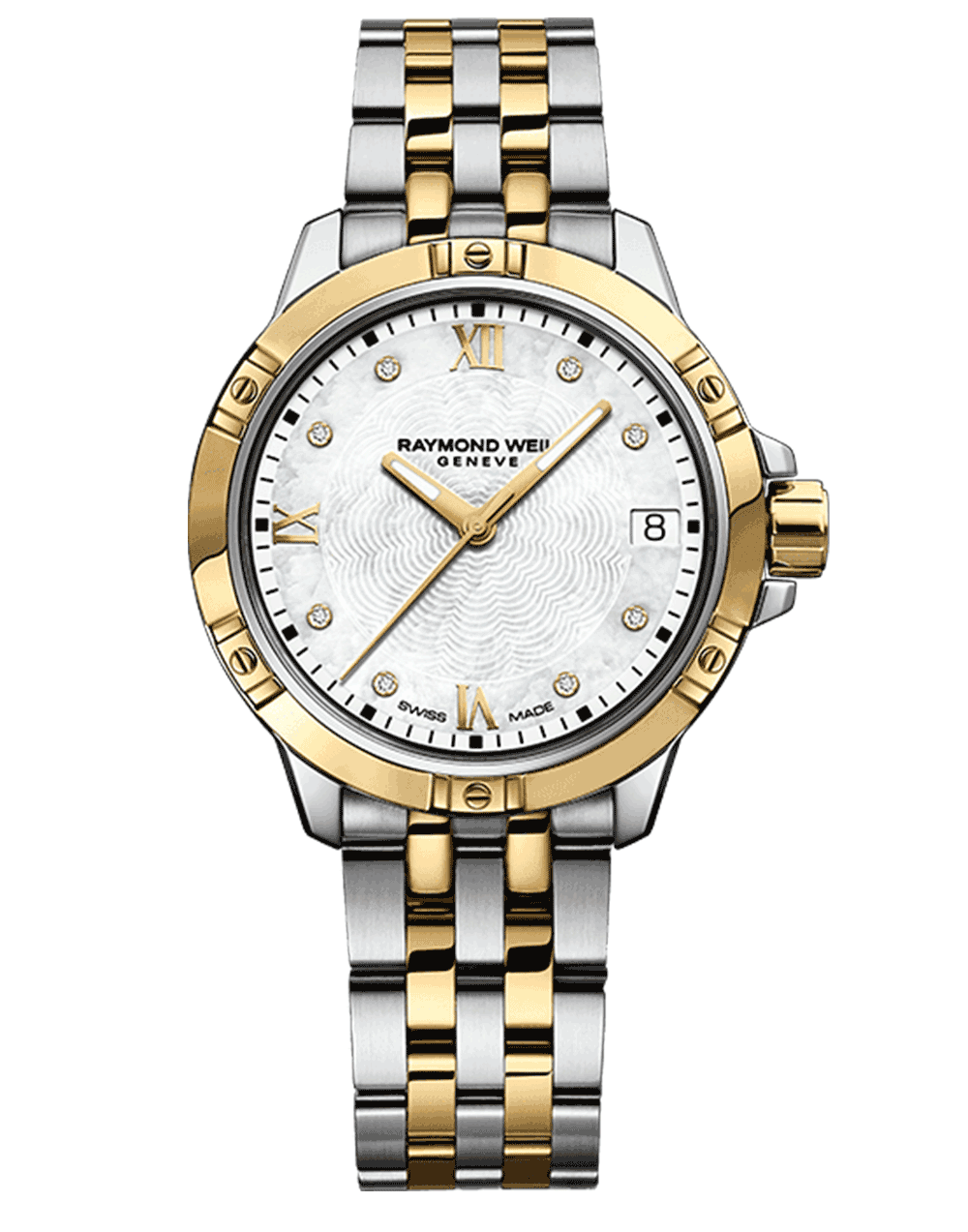 Tango Ladies Quartz 8 Diamond White Dial Gold PVD Two-Tone Bracelet Watch, 30mm