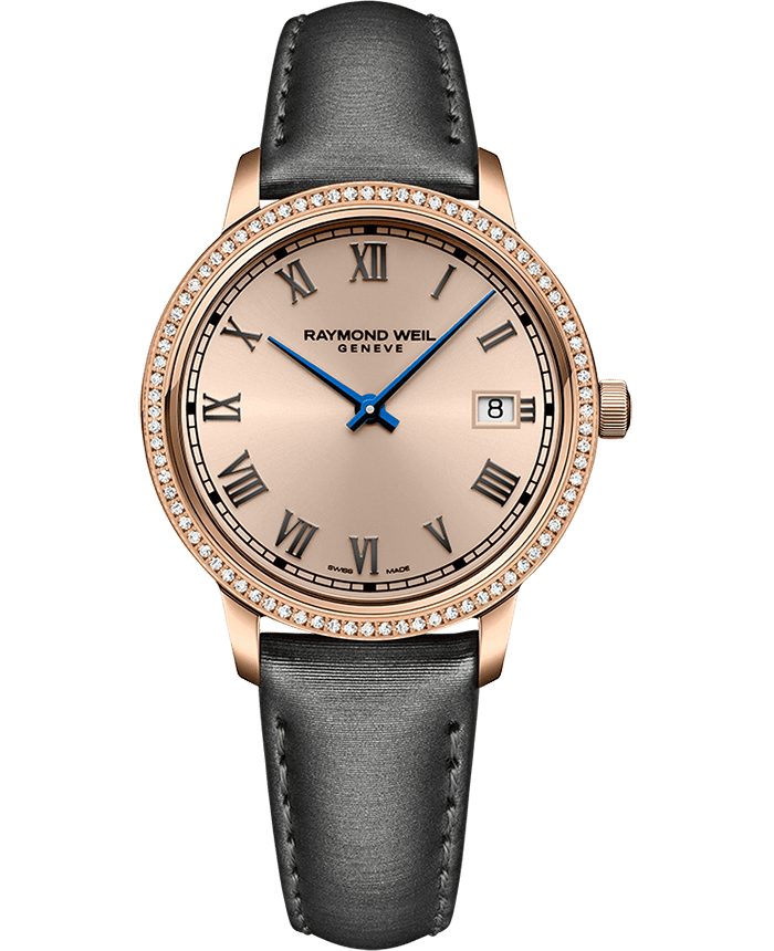 Toccata Ladies 80 Diamonds Rose Gold Dial Grey Satin Strap Watch, 34mm