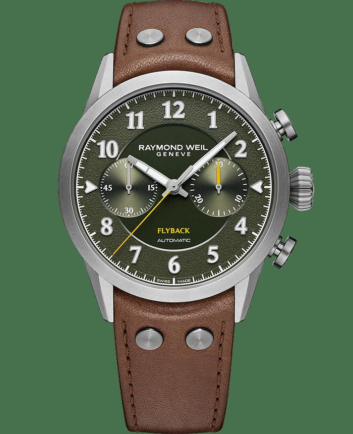 Freelancer Men’s Pilot Flyback Chronograph Green Dial Brown Leather Strap Watch, 42MM